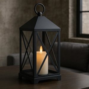 11 Industrial Matte Black Flameless Candle Lantern Geometric Metal Lamp For Modern Loft Apartment Living Room Decor