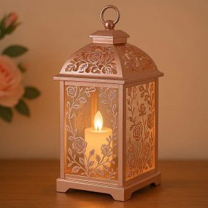 12 Delicate Rose Gold Electric Candle Light Romantic Floral Pattern Lantern For Girls Bedroom Nightstand Decoration