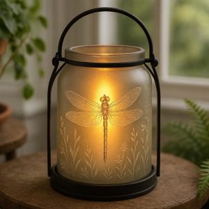 14 Whimsical Dragonfly Etched Glass Flameless Candle Light Nature Theme Lantern For Sunroom Garden Room Styling