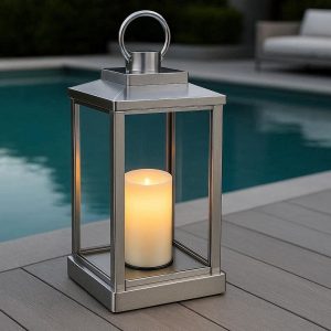 15 Sleek Silver Stainless Steel Electric Candle Lantern Modern Outdoor Lamp For Luxury Poolside Deck Entertaining