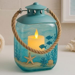 9 Whimsical Coastal Glass Flameless Candle Light Ocean Themed Lantern For Beach House Bathroom Decoration